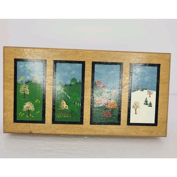 Vtg Wooden Keepsake Box Hand Painted Four Seasons 10x5x3 Approx. - Picture 1 of 8